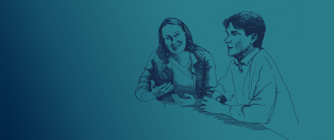 Hand drawn illustration showing Prof. Noelle Eckley Selin and Prof. Henrik Selin in an interview situation, sitting at a table.