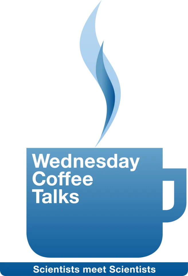 Picture motive of the Wednesday Coffee Talks, showing a blue cup and two steam clouds rising from it