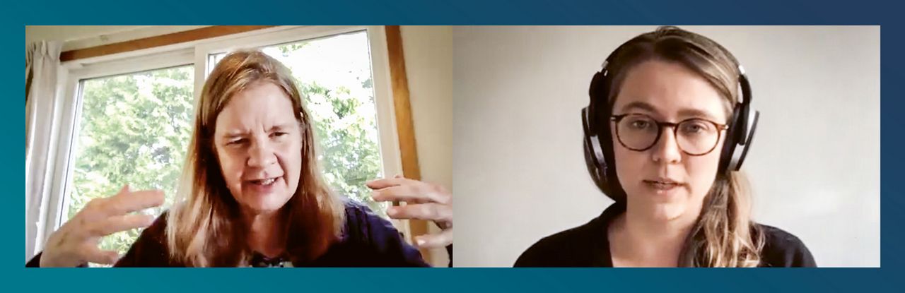 Snapshot from the virtual video conference. One picture shows Prof. Miranda Schreurs gesticulating and speaking. The other picture shows Fiona Kinniburgh with a headset.