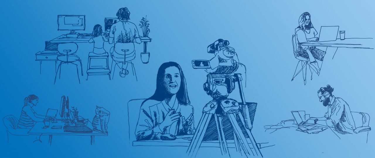Hand drawn illustration showing different work situations. For example, a person in the home office at a desk with a child or a woman in a virtual event in front of a camera.
