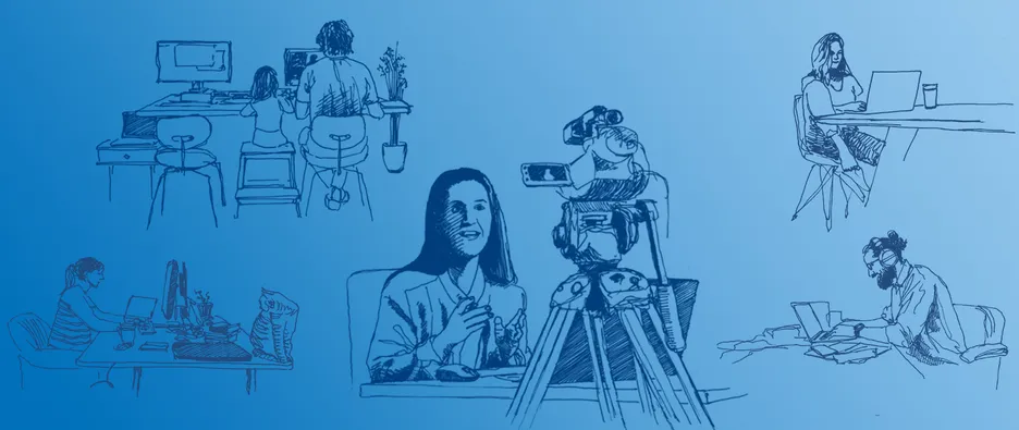 Hand drawn illustration showing different work situations. For example, a person in the home office at a desk with a child or a woman in a virtual event in front of a camera.