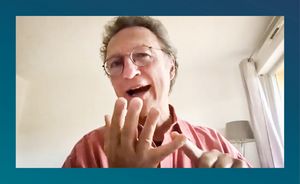 Snapshot from the virtual video conference. The picture shows Patrick Regan gesturing and talking.